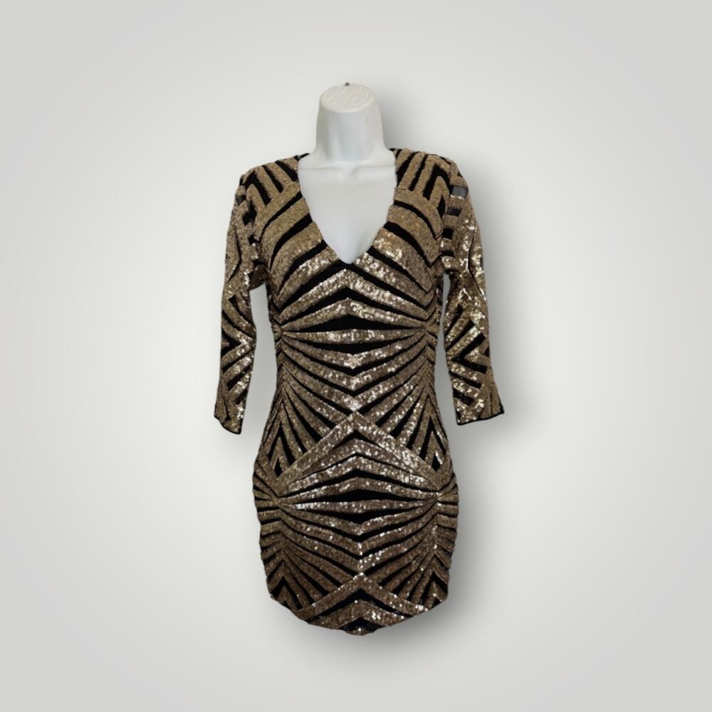 Windsor Gold Black Sequin Bodycon Mini Dress Geometric Cocktail L